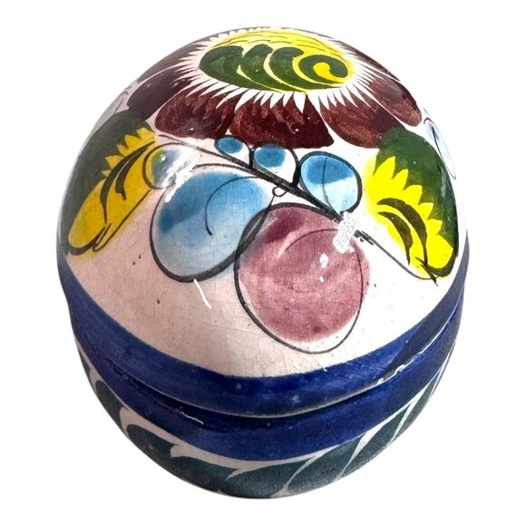 Vintage Floral Mexican Talavera Ceramic Egg-Shaped Trinket Box Jewelry Rings - Picture 2 of 10